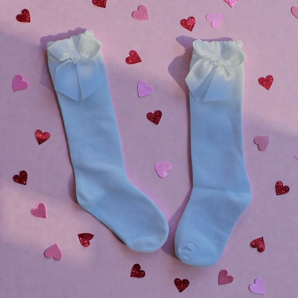 Kids white Knee Highs with Satin Bow